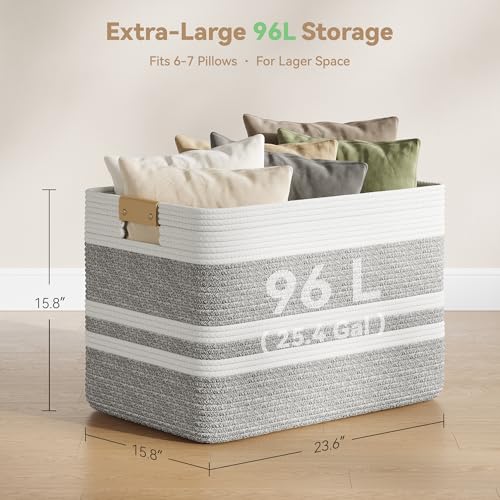 Nunsino 96L Blanket Basket with Leather Handles,Laundry Basket,Gray White - color: Grey White, size: 96L