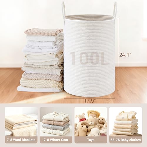 100L Extra Large Tall Cotton Rope Laundry Basket with Handle, White - color: White, size: 100L