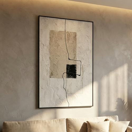 QKF Minimal Geometric 3D Texture Black Aluminum Frame Canvas Wall Art - color: Light Brown & Beige