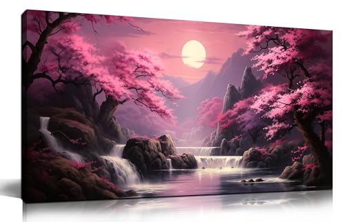 Landscape Wall Art for Living Room Bedroom Office Pink Wall Art Moon Lake Mountain Pictures Modern Artwork Framed Wall Decor Canvas Prints 20x40 Inch - color: Pink, size: 40"L x 20"W