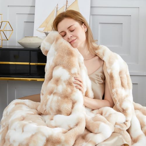 SAPHREAS Faux Fur Throw Blanket for Couch, Fluffy Fuzzy Bubble Blanket for Sofa Bed Living Room, Decor Soft Cozy Gifts for Women Men, 50x60” Tie Dye Khaki - color: Tie Dye Khaki, size: Throw(50"x60")