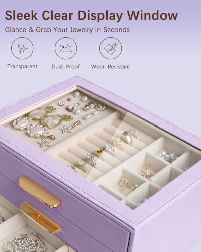 Homeanda Jewelry Boxes Organizer with Glass Lid, 3-Layer PU Leather, Purple - color: Lavender Purple, size: 3 Layer