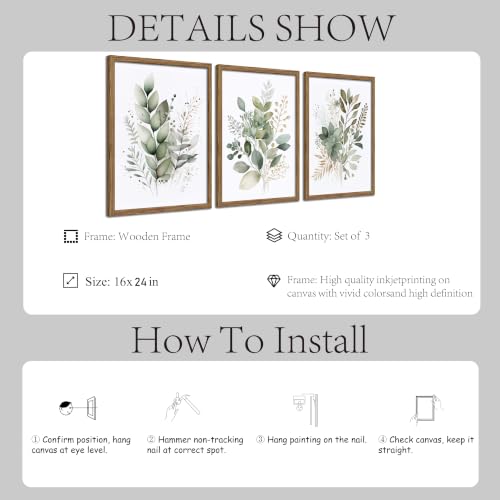 Sage Green Botanical Wall Art Set of 3, Wood Framed 16x24 Inch - color: Sage green, size: 24x16