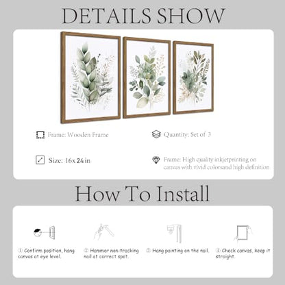 Sage Green Botanical Wall Art Set of 3, Wood Framed 16x24 Inch - color: Sage green, size: 24x16