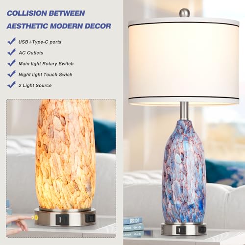 Rinweey 26" Coastal Glass Table Lamps Set of 2,Nautical lamp with USB A+C Ports & AC Outlet,Bule Bedside Lamps with 3-Way Dimmable Touch Control Night Light for Bedroom Living Room(Bulbs Included) - color: Multicolor
