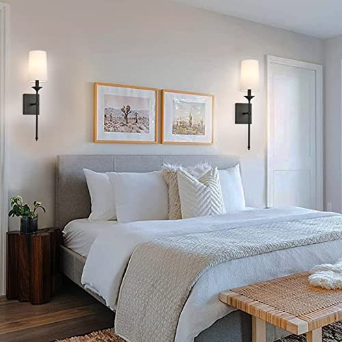 Hardwired Wall Sconces Set of 2, Mid Century Candlestick Style Wall Mounted Sconce with Pure White Cylindrical Shade and Long Slim Stem,for Bathroom Bedroom Living Room - color: Black