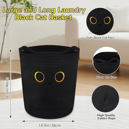 Tall Black Cat Laundry Basket for Nursery, Cute Large Woven Cotton Rope - color: Black, size: 15 × 18 inches