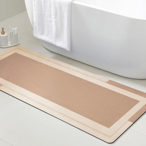 ACCUMTEK Non Slip Bath Mat, Thin Bathroom Rugs Fit Under Door, Quick Dry Bath Mats, Machine Washable Bath Rugs for Bathroom, Bathtub & Kitchen, Bathtub, Light Brown/Bordered/48 x20 - color: Light Brown, size: 1'8" x 4' (Rectangular)