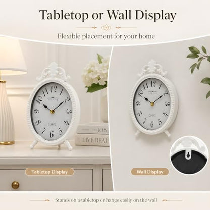 French Style White Table Clock, 10.8-Inch Silent Mantel & Wall Clock - color: White