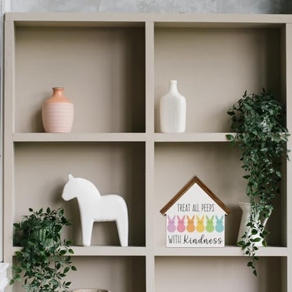 Easter Decor, Treat All Peeps with Kindness Bunny House Shaped Sign - color: TREAT
