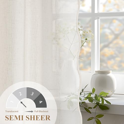 DriftAway Semi Sheer Scalloped Edge Linen Coastal Beach Window Curtains for Living Room Bedroom 2 Panels Rod Pocket Each Size 52 Inch by 96 Inch Taupe - color: Linen Taupe, size: 52"W x 96"L (Pack of 2)