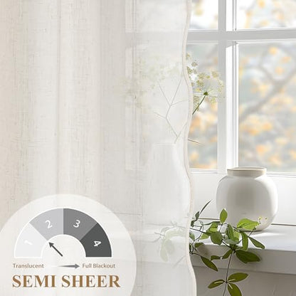 DriftAway Semi Sheer Scalloped Edge Linen Coastal Beach Window Curtains for Living Room Bedroom 2 Panels Rod Pocket Each Size 52 Inch by 96 Inch Taupe - color: Linen Taupe, size: 52"W x 96"L (Pack of 2)