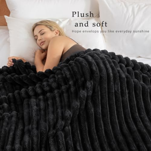 Exclusivo Mezcla Striped Queen Size Fleece Blanket for Bed, Couch, 90"x90" - color: Black, size: Queen ( 90x90 IN )