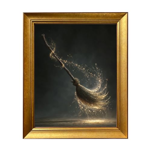 Vintage Gold Framed Halloween Wall Art, Gothic Brooms Canvas Print, Spooky Pictures for Fall Farmhouse, Dark Academia Aesthetic Painting Picture for Living Room, Bedroom, Bathroom, 8x10in Ready to Hang - color: Witch Broom, size: 12"L x 10"W