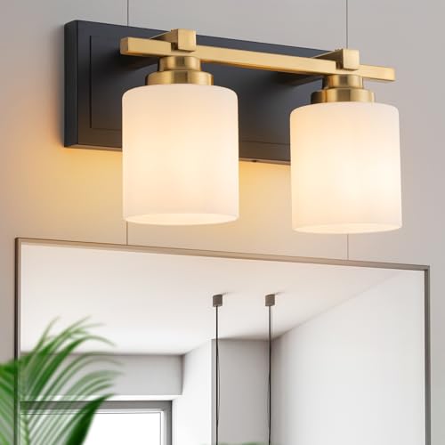 Modern Bathroom Light Fixtures Over Mirror, Vanity Lights for Bathroom Wall Sconces with Milky White Glass Shades, E26 Socket (Bulbs Not Included), 2 Light, Black Gold - color: Black Gold, size: 12.20 inch-2-Light
