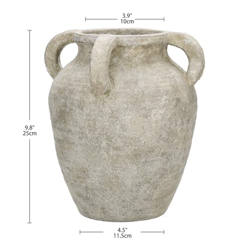 Handmade Flower Vase, 9.8" Tall Terracotta Vase, Vintage Ceramic vase, Rustic Green Antique Decor with 4 Handles, Wide Mouth, Matte Finish for Home Office Resto Café Décor - color: Green With Handles 9.8"