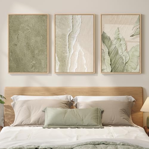 Framed Abstract Sage Green 3 Piece Wall Art for Living Room, 16x24 In - color: Sage Green & Beige, size: 16" W x 24" H x 3Pcs