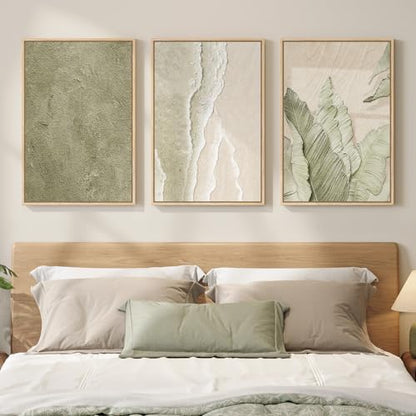 Framed Abstract Sage Green 3 Piece Wall Art for Living Room, 16x24 In - color: Sage Green & Beige, size: 16" W x 24" H x 3Pcs
