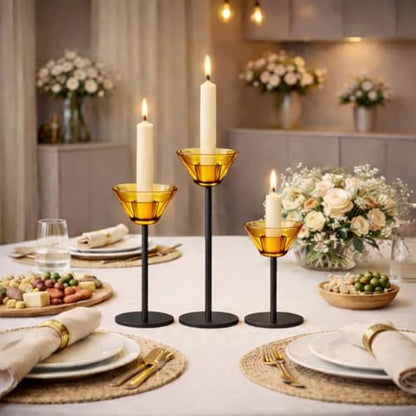 Smytle Amber‑Gold Glass Candlestick Holders with Weighted Black Metal Base, Set of 3 Amber Candle Holders for Both Taper and Tea Light Candles, Boho & Autumn Table Decor, Wedding Centerpiece