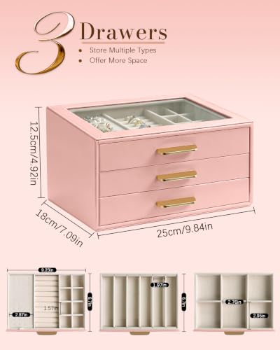 Homeanda Jewelry Boxes Organizer with Glass Lid, 3-Layer PU Leather, Pink - color: Mauve Pink, size: 3 Layer