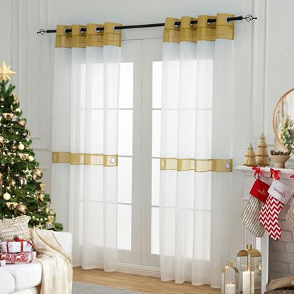 L.Z.E White and Gold Sheer Curtains 96 Inches Long 2 Panels Set,Transparent See Through Curtains for Living Room Bedroom with Tiebacks Grommet Top Curtain & Drapes (56" W x 96" L Gold) - color: Gold, size: 56"W x 96"L (Pack of 2)