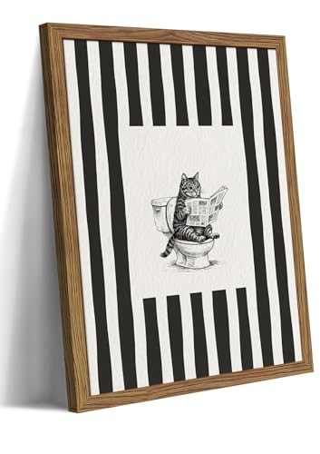 Framed Vintage Bathroom Cat Canvas Wall Art, Funny Black Sketch Cat Reading Newspaper on Toilet Print, Black White Striped Modern Artwork, Humorous Wall Decor for Bathroom Restroom Bedroom 16x24in - color: Black Cat on Toilet, size: 24"L x 16"W