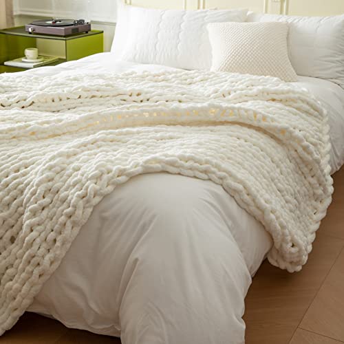 WESHIONGOO Chunky Knit Throw Blanket 51"×63" Cream White - color: Cream White, size: 51"x63"(Large Size Throw)