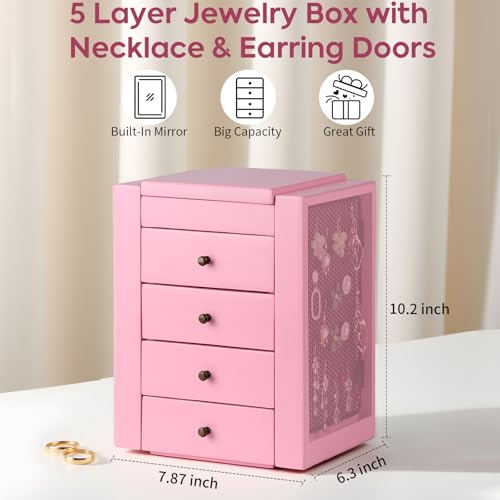 Meangood Jewelry Box Wood for Women, 5-Layer Large Organizer Box with Mirror & 4 Drawers for Rings, Earrings, Necklaces, Pink - color: Pink, size: 4-Drawer