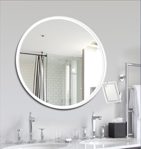 Round Solid Oak Wood Mirror, 24x24 Inch Medium Size, White Frame, Modern Decorative Wall Makeup Mirror for Bathroom, Bedroom, Living Room(White, 24" x 24") - color: White
