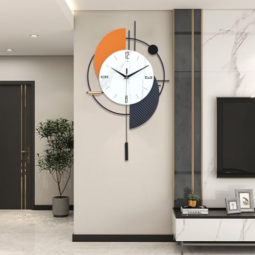 FILLOVE Large Decorative Wall Clock with Pendulum for Living Room, Metal Hands, Orange Accent White Dial, Silent Metal Wall Clock for Living Room, Bedroom, Study, Office - color: Black&orange