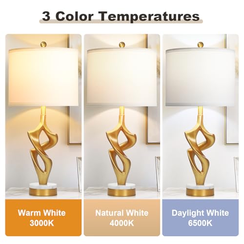 Ruzectt 29" Tall Gold Table Lamp for Living Room, 3 Color Temperatures Bedside Lamp for Bedroom Nightstand, Modern Sculptural Resin Lamp with Marble and Metal Base (1 LED Bulb Included) - color: White & Gold (1 Pack)