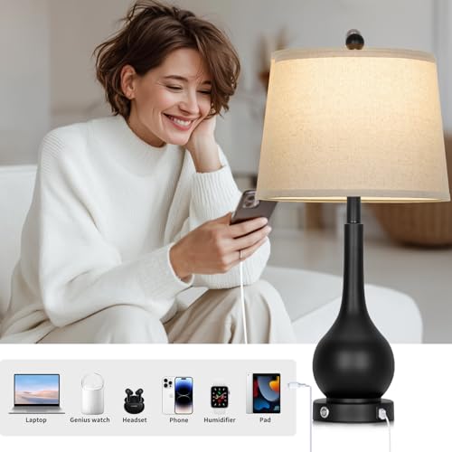 Rinweey 26" Black Table Lamps Set of 2, Touch Control Lamps for Living Room, 3-Way Dimmable Bedroom Bedside Lamps for Nightstands with USB A+C Port (2 LED Bulbs Included) - color: Black (2 Pack)