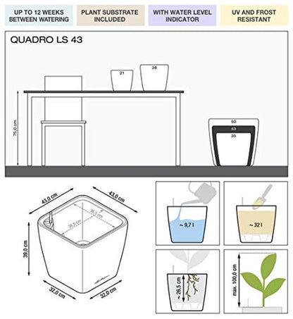 Lechuza Quadro LS 43 Charcoal Metallic, Self-Watering Square Planter, H15.4 L16.9 W16.9 in - color: Anthracite Metallic, size: H40 L43 W43 cm
