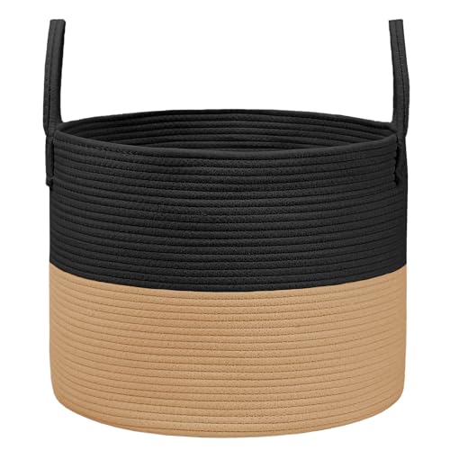JMvicyroam 65L Extra Large Machine Washable Cotton Rope Blanket Basket - color: Black&Jute, size: 65L