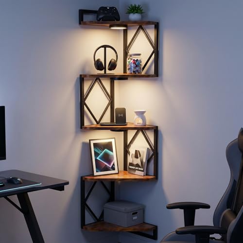 HAAYOT Corner Shelf Wall Mounted: 5-Tier Floating Shelves with Lights for Living Room, Bedroom, Home Office, Rustic Brown