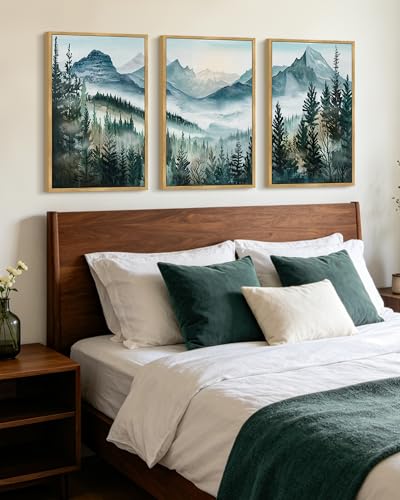 KUVIOKE Mountain Landscape Framed Wall Art Watercolor Nature Misty Forest Painting Vintage Farmhouse Rustic Wall Decor for Bedroom Hallway 16x24in (Natural Framed) - color: Forest and Mountain 2, size: 16 x 24in x 3 Panels Natural