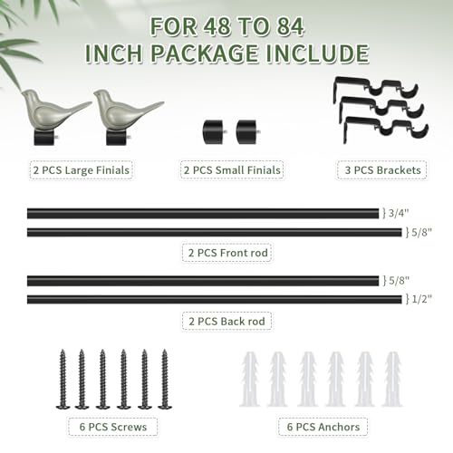 3/4" Diameter Farmhouse Double Window Treatment Curtain Rod, Pewter Bird Finials (48"-84", Black Rod) - color: Black with Pewter Finial, size: 48"-84"