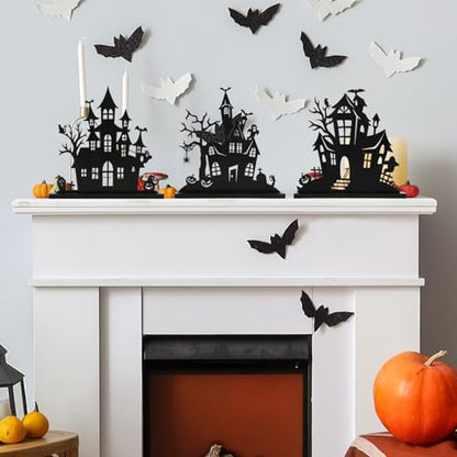 3Pcs Halloween Wooden Table Centerpiece Decorations,Wooden Double-sided Printing Silhouette Sketch Ghost House Decoration Ornaments,Halloween Table Tiered Tray Decor for Indoor Home Kitchen Party