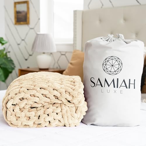 SAMIAH LUXE Chunky Knit Throw Blanket 50x70 in, 8 lb Buttercream Cream - color: Buttercream, size: 50x70in
