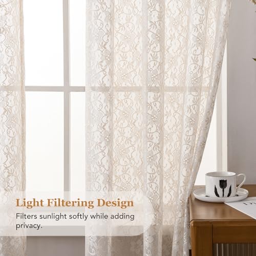 PearAge Lace Sheer Curtains for Living Room, 63 Inch Length, Elegant Lace-Style Voile Drapes for Bedroom, Kitchen or Dining Room, 42W x 63L Inch, 2 Panels Beige - color: Beige