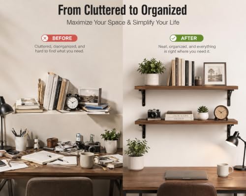 Walnut Floating Shelves Wall Mounted Set of 2, Heavy Duty Wood Wall Shelves with Reinforced Anti-Sag Brackets, Includes 12 Hollow Wall Anchors & Complete Installation Kit for Drywall & Concrete