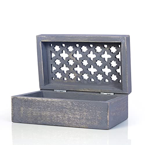 Mela Artisans Trellis Mango Wood Box - Distressed Dove, 9x6 in | Decorative memory storage box with hinged lid, great to cleanly stash away your collectible trinkets, cards or mementos. - color: Distressed Grey, size: Large