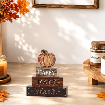 Smile Fall Wooden Block Decor Signs Pumpkin Plaque HAPPY FALL Y'ALL Tiered Tray Tabletop Signs for Autumn Harvest Thanksgiving Home Decor - style: Fall Y’all