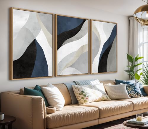 Large Abstract Framed Wall Art, Modern Blue Grey Canvas Pictures, 20"X28"X3 - color: Navy, size: 20" X 28" X 3pieces Framed