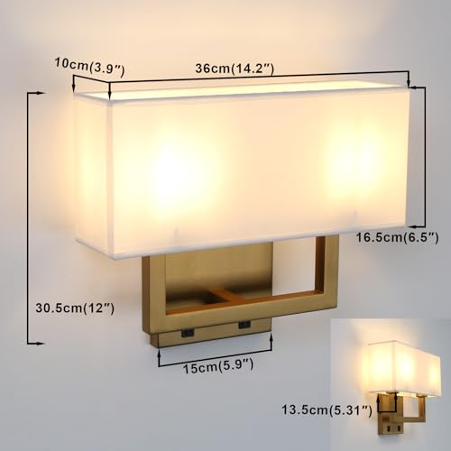 Yosoan Set of 2 Indoor Bedside Wall Sconce with On Off Switch, Modern Boho Interior Finish Brass 2-Light Vanity Vintage Industrial with Square White Fabric Shade for Reading Room Hallway(Antique) - color: Antique, size: 2-Pack