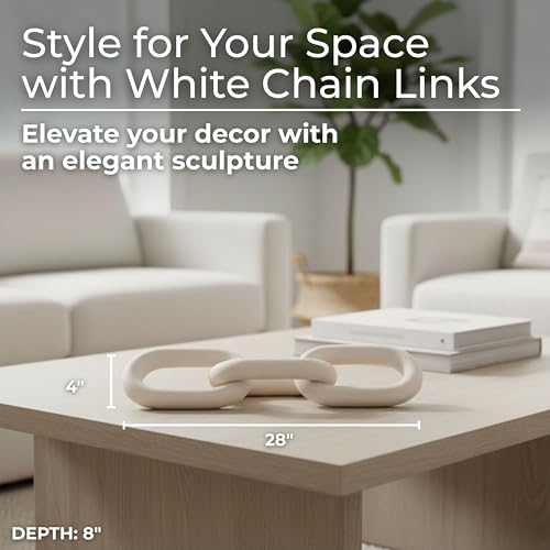 Wooden Chain Link Sculpture for Home Decor - Accent Display for Bathroom, Office, and Living Room - Handcrafted Link for Shelf Styling - Modern Room Coffee Table Decor Ornament, 4", White