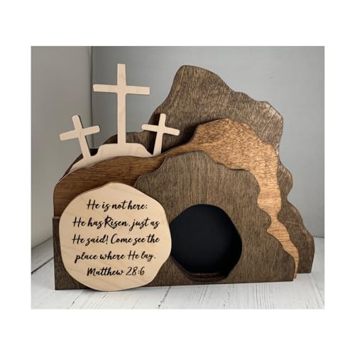 The Empty Tomb Easter Scene and Cross Decoration, He is Risen Decor,Jesus Tomb Tray Bundle Kit, Wooden Easter Jesus Sign Tiered Tray Decorations for The Home, Tabletop, Office (Wood)