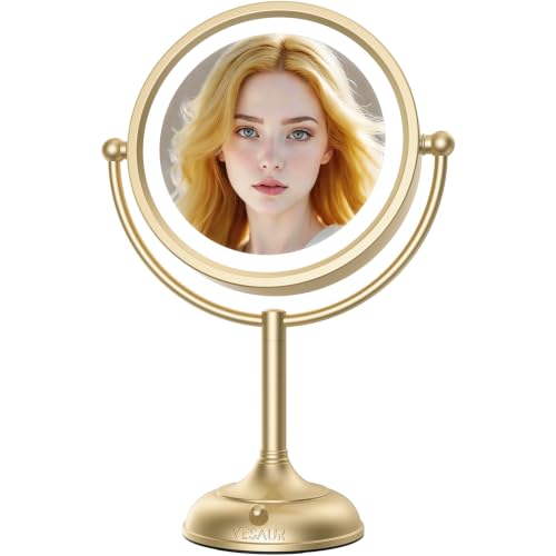 Professional 8.5" Large Lighted Makeup Mirror with Brighter Lights, 1X/10X True HD Magnifying Mirror with 3 Color Dimmable Lights, 90 Shadowless LEDs, 360°Swivel Seamless Vanity Mirror, Gold Nickel - color: Gold Nickel