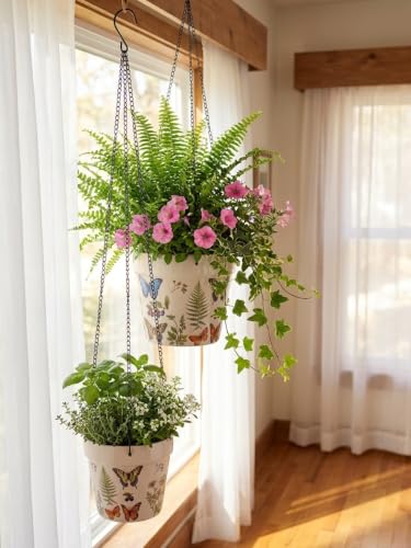Stoneware Hanging Planters Set of 2,Large 7" + Small 5" - color: Set 2-butterfly Garden