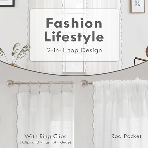 DriftAway Semi Sheer Scalloped Edge White Coastal Beach Window Curtains for Living Room Bedroom 2 Panels Rod Pocket Each Size 52 Inch by 63 Inch Gray - color: White Gray, size: 52"W x 63"L (Pack of 2)